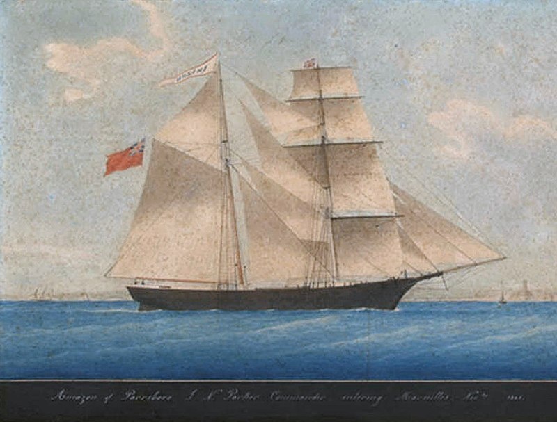 Рисунок корабля «Амазонка» (Amazon), позже переименованного в «Мария Целеста». В 1862 году в Новой Шотландии была построена двухмачтовая бригантина «Мария Целеста». Изначально она носила название «Амазонка», но после того, как корабль перешёл в собственность американцев, его имя было изменено.