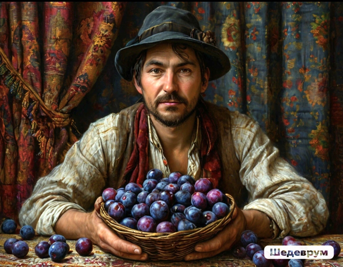 Молдаванин со сливами на фоне занавесок. Создано с помощью искусственного интеллекта, Шедеврум.