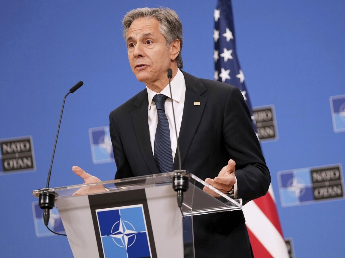 Госсекретарь США Энтони Блинкен во время пресс-конференции в Брюсселе© AP Photo / Virginia Mayo
