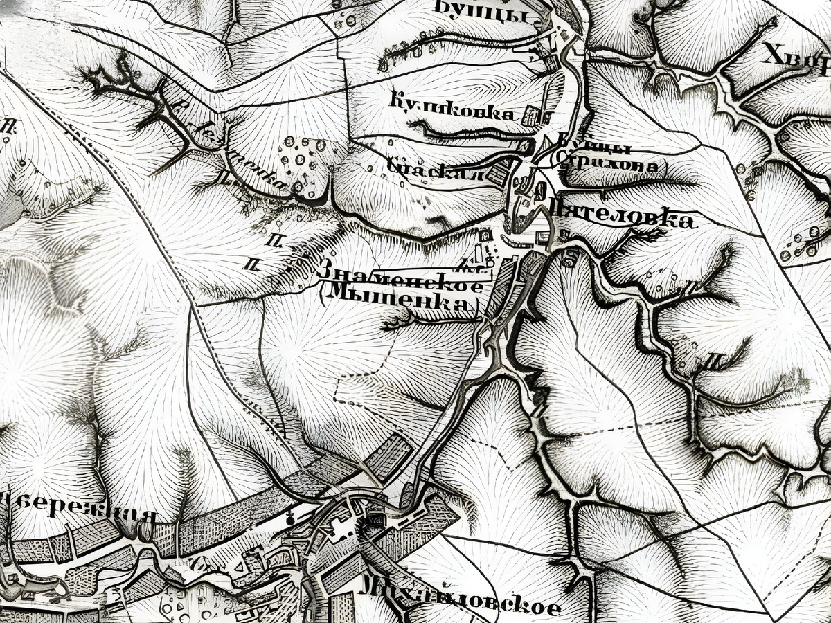 с. Мышенка (Епифанский у., Никольская вол.) на карте Шуберта Тульской, Калужской и Орловской губерний (1874 г.), источник: https://retromap.ru/m1418743
