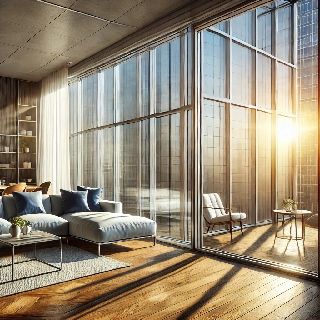 Цифровая иллюстрация современной комнаты с окнами, покрытыми энергосберегающей пленкой.