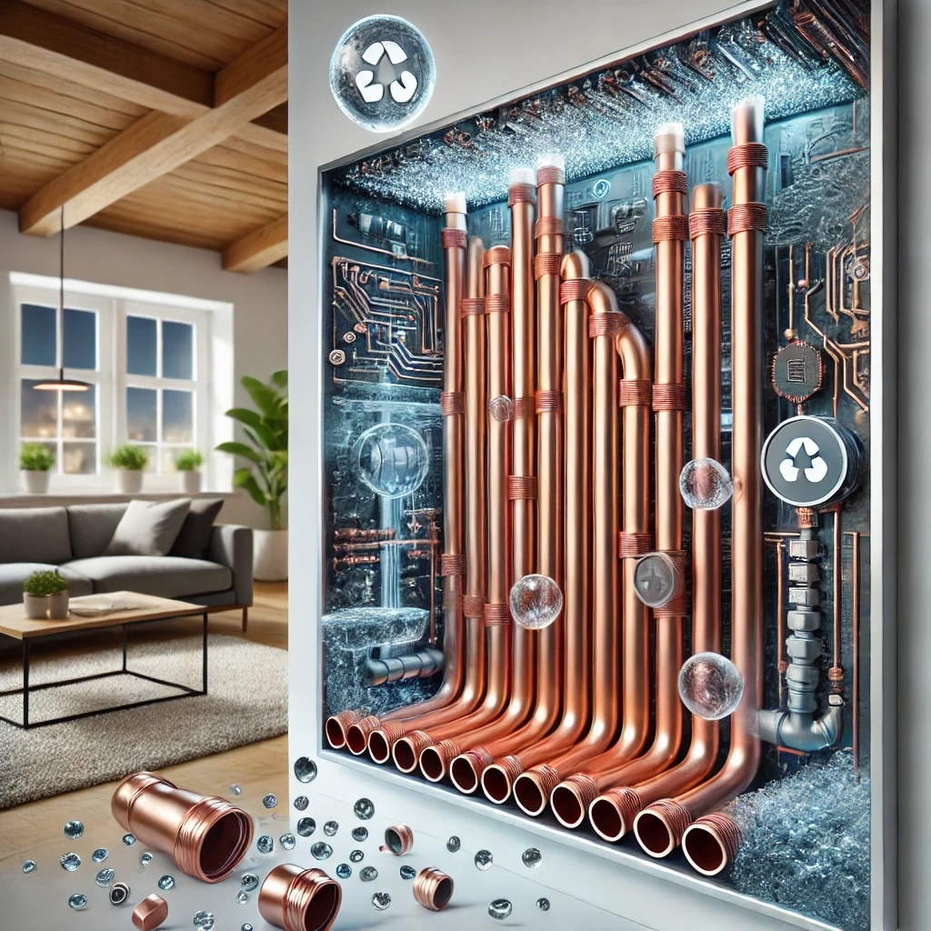 Цифровая иллюстрация, демонстрирующая медные трубы в современной системе водоснабжения.