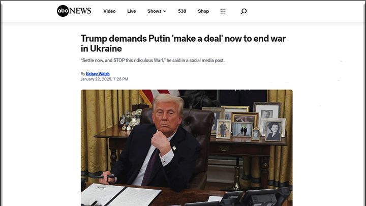    Трамп требует от Путина "заключить сделку" сейчас, чтобы положить конец "нелепой войне" на Украине. И угрожает: в случае отказа Россию ждут "страшные" экономические последствия. Скриншот: ABCNews