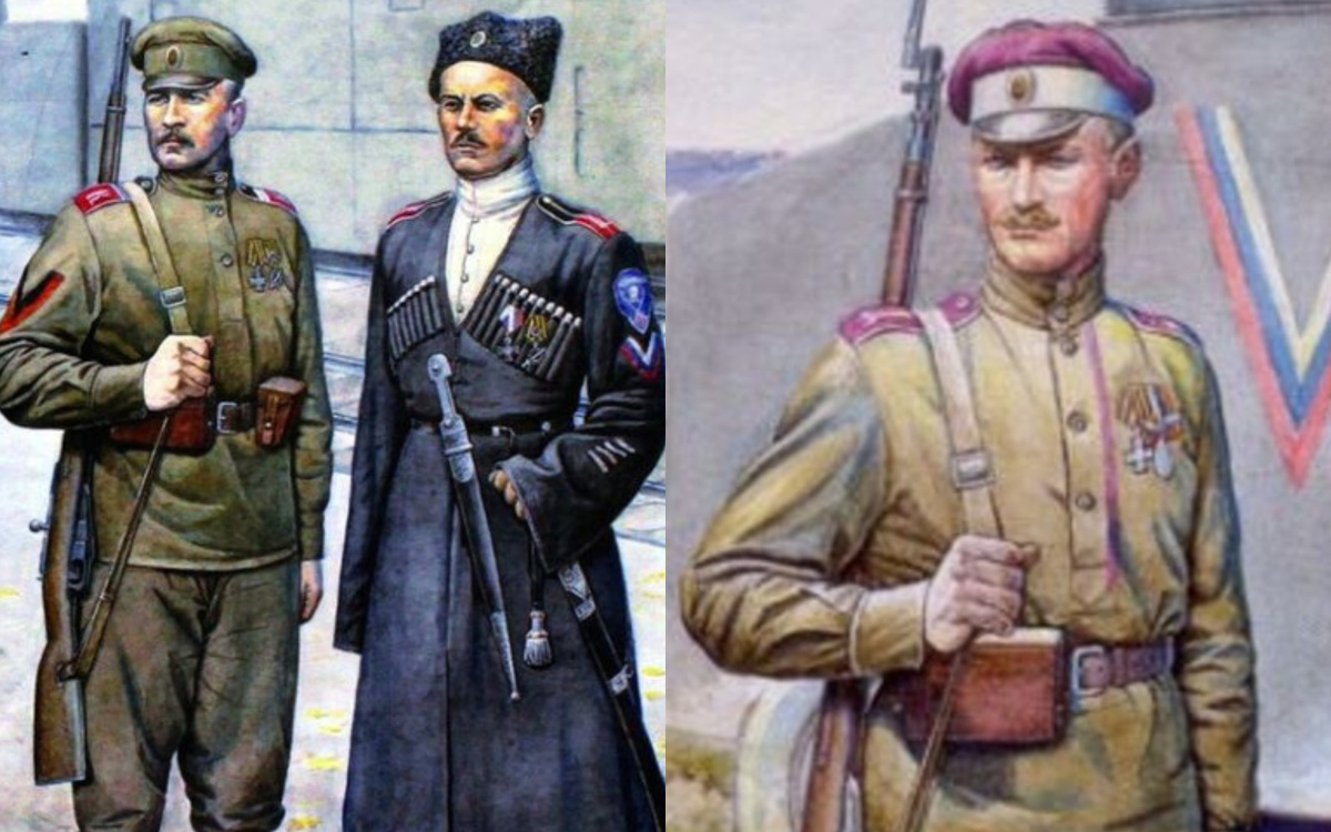 Но и в Добровольческой армии имелись свои течения. Корниловцы считались тяготевшими к республики, дроздовцы — ярыми монархистами, алексеевцы — сторонниками ограниченной монархии («король царствует, но не правит»). В общем, склонны были следовать убеждениям к тому времени уже ушедших в мир иной Л. Г. Корнилова, М. Г. Дроздовского и М. В. Алексеева. Художник: В. Куликов. 