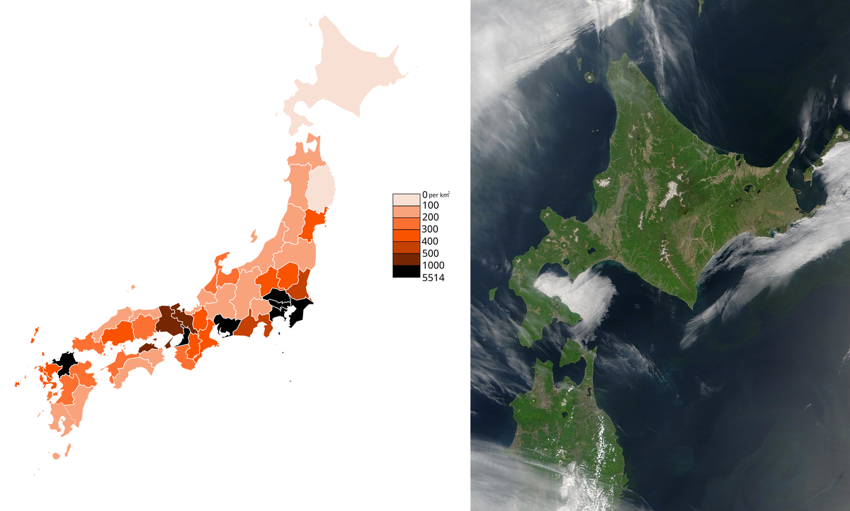 Плотность населения Японии и спутниковый снимок Хоккайдо