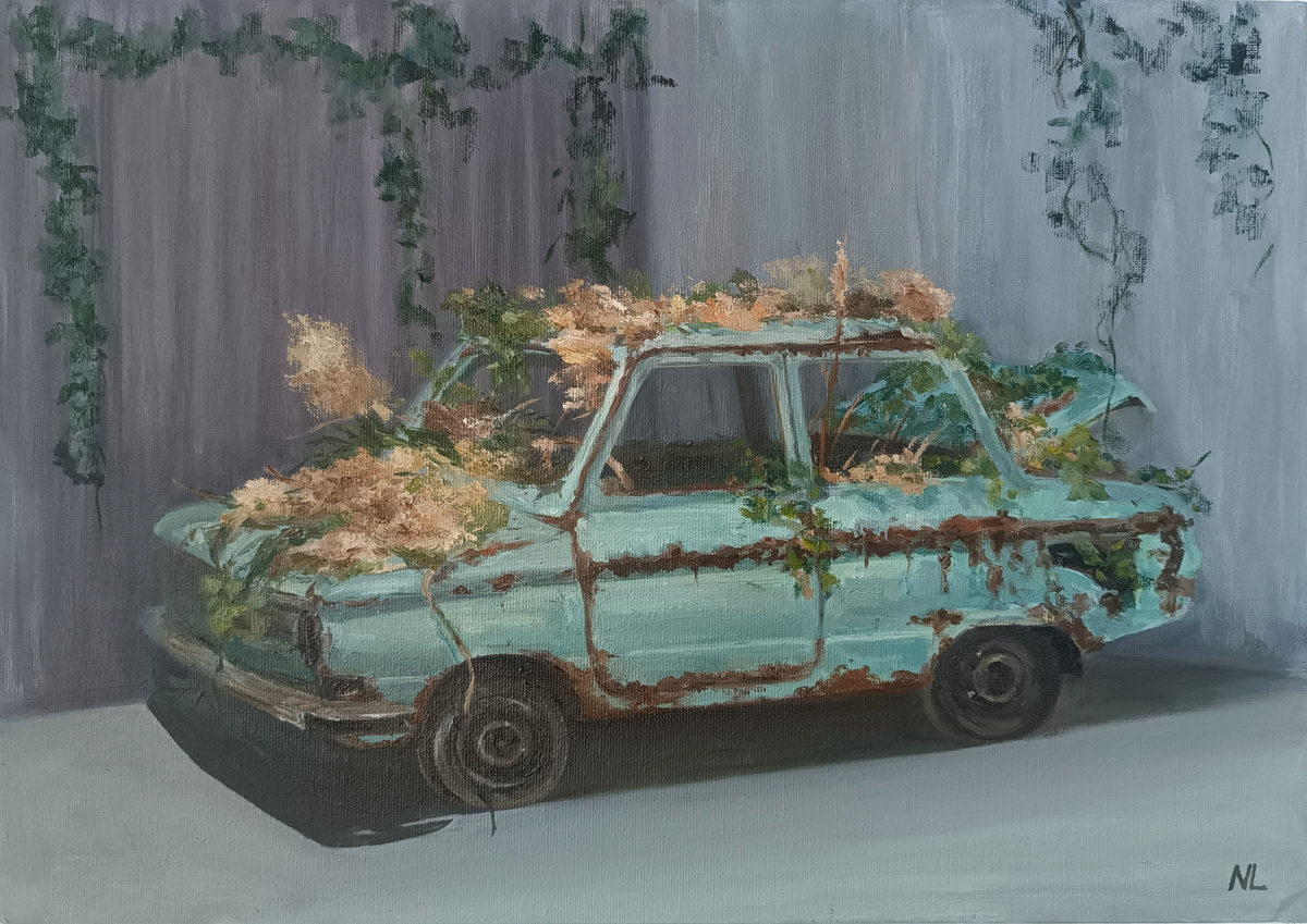 Леонова Наталья, Запорожец,ЗАЗ-966  холст масло 40-30 см (работа написана на выставке "Куплю гараж", Музея Москвы)