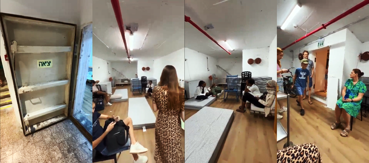 Туристы спустились в бомбоубежище небольшого отеля во время массированного ракетного обстрела Тель-Авива со стороны группировки ХАМАС в ночь с 7 на 8 октября 2023 года. Фотоколлаж составлен на основе видеозаписи, предоставленной автору канала коллегой, проводившим свой отпуск в Израиле в момент нападения группировки ХАМАС