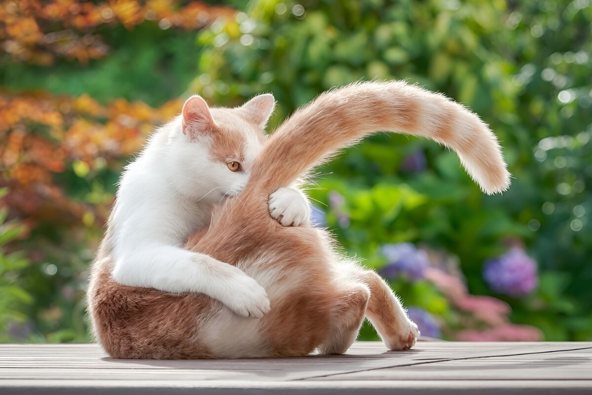 Кошка грызёт хвост