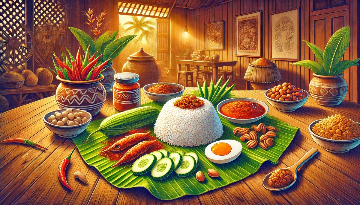 Традиционная подача наси лемак в малайзийской деревне (сгенерировано DALL-E)