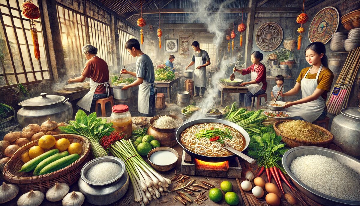 Традиционное приготовление лаксы в малайзийской кухне (сгенерировано DALL-E)