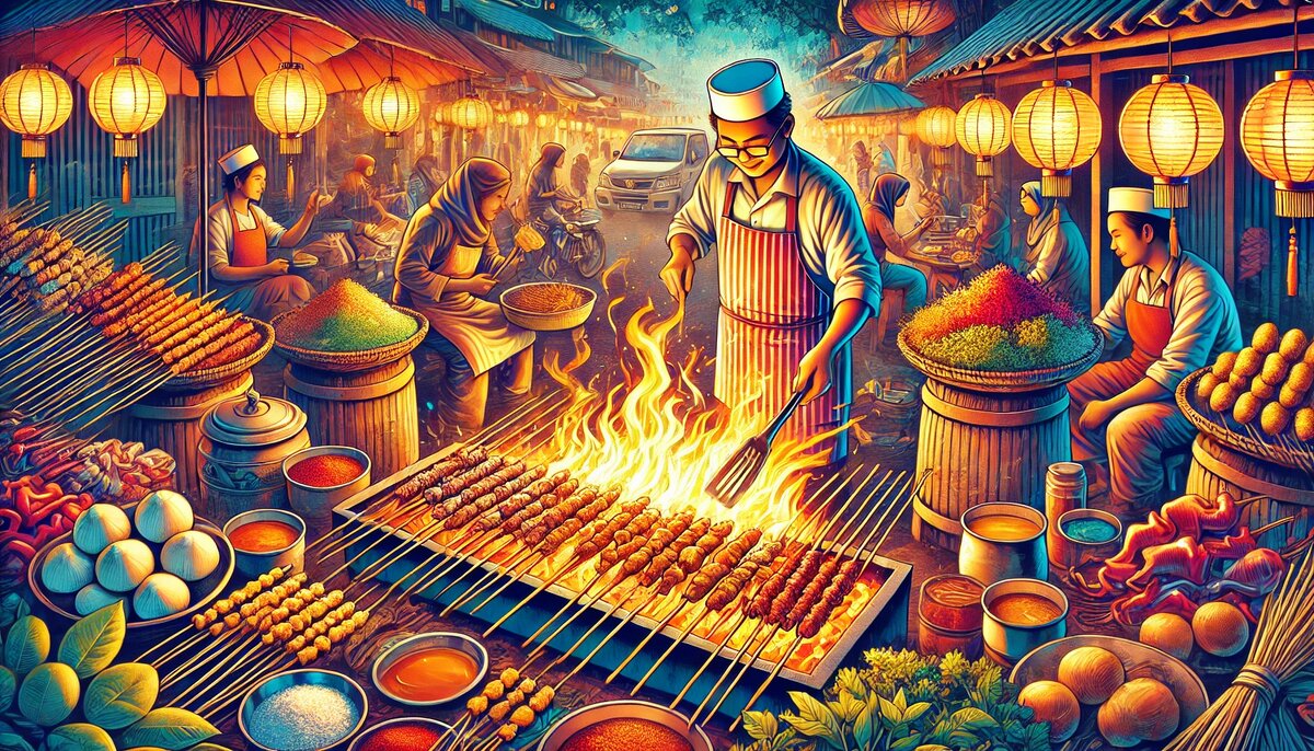 Традиционное приготовление сатая на малайзийском рынке (сгенерировано DALL-E)