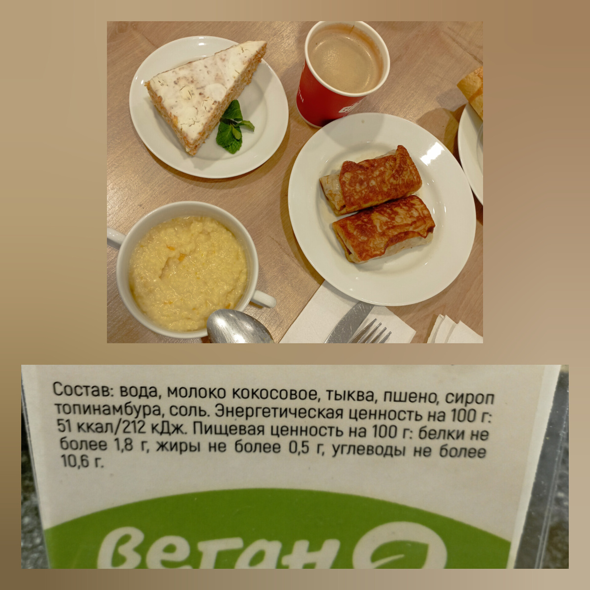 Мой воскресный завтрак. В ресторане Глобуса у всех блюд указан состав. А блины с говядиной. На тарелке блины на 120 грамм. Торт тоже ПП