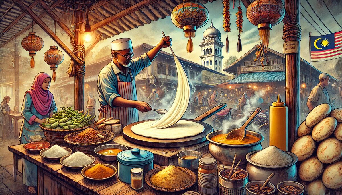 Традиционное приготовление роти канай на малайзийском рынке (сгенерировано DALL-E)