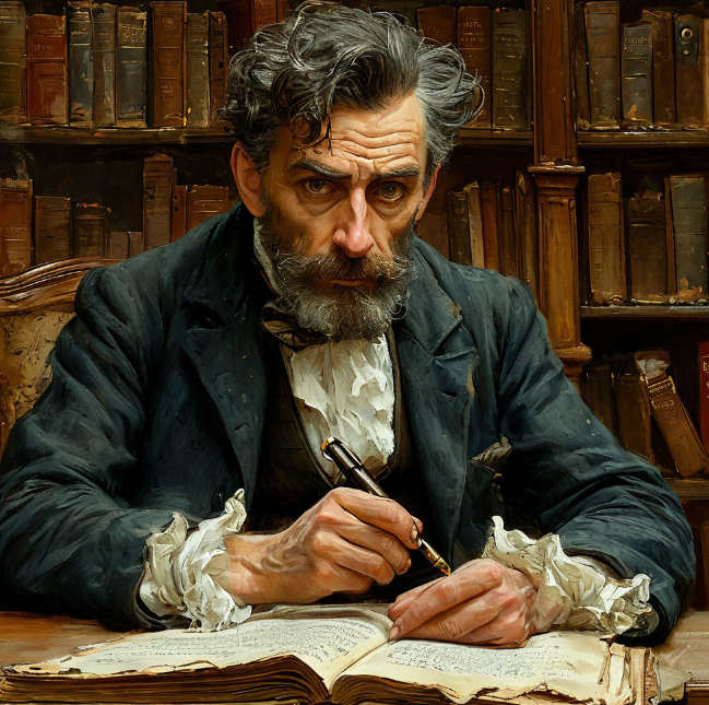 Так выглядит критик В. по мнению нейросети. Только мне никак не удалось ей объяснить, что он писал гусиным пером. Простим ее. Но и меня простите :)