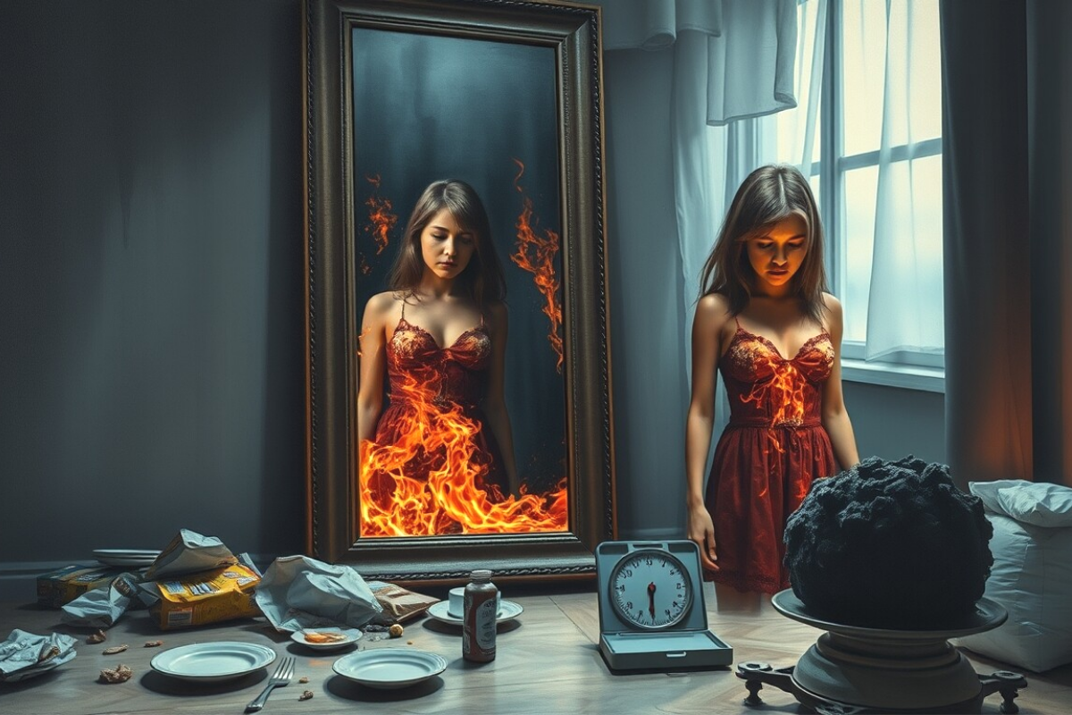 Нервную булимию можно сравнить с огнем, который горит внутри. Переедание - это попытка потушить его, но оно только разжигает пламя. Человек ест быстро, почти не замечая вкуса, пока не почувствует физическую боль. После этого наступает "очищение" — попытки вызвать рвоту или избавиться от съеденного другими способами. Это попытка контролировать огонь, но он снова вспыхивает с новой силой. Этот огонь сжигает не только тело, но и душу, оставляя после себя пепел стыда и вины.