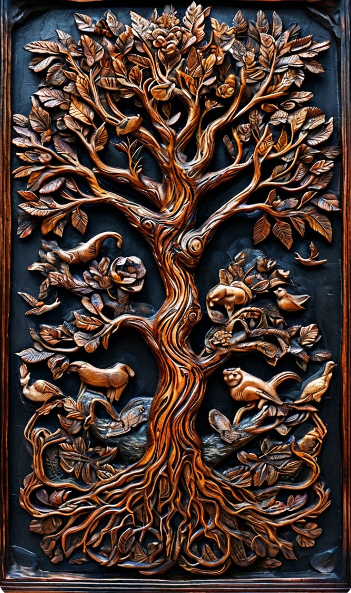  "Дерево жизни"  Монументальная композиция, изображающая гигантское дерево с множеством переплетенных ветвей, на которых вырезаны образы животных и птиц, населяющих разные уголки планеты.