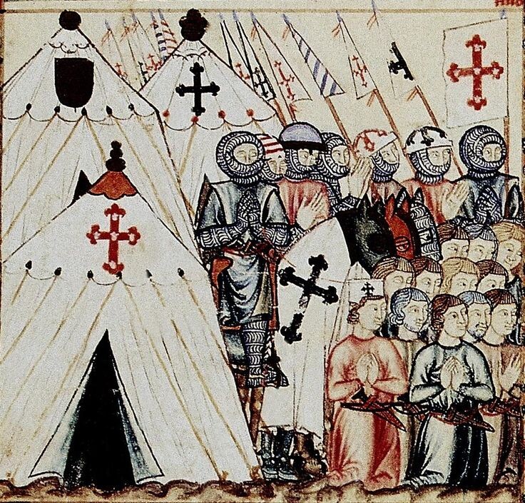 На миниатюре изображены рыцари кастильского короля Альфонсо X. Доспехи у них так себе, однако не только сами рыцари, но и их кони в цветных накидках.