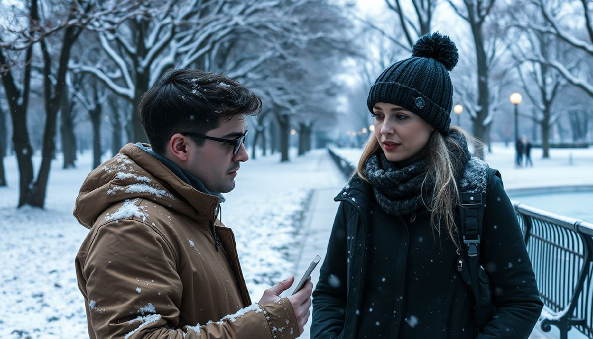 Фото с лицами Алекса и Олеси, беседующих в парке на фоне заснеженного города