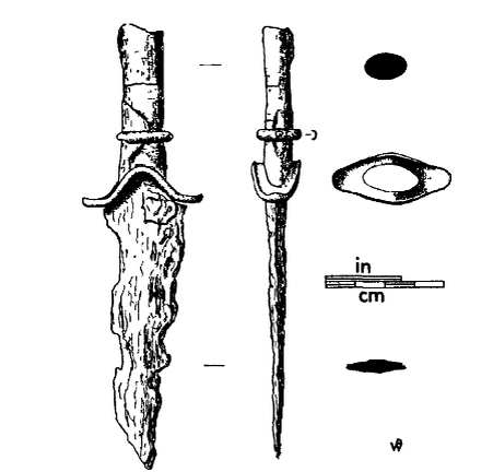 Линия бронзовой гарды повторяет очертания гарды меча бронзового века. Костяные накладки гарды не сохранились.