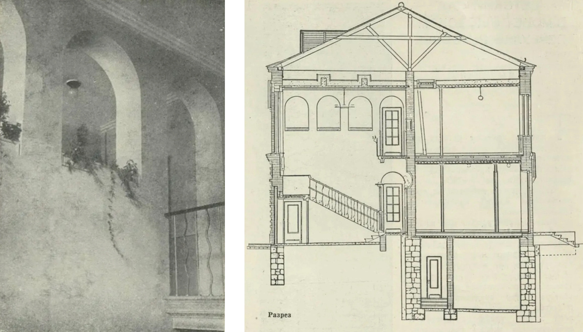 Слева: фотография вестибюля на уровне второго этажа в детском саду во 2-м Монетчиковском переулке, построенном по типовому проекту архитектора А.К. Чалдымова. Справа: поперечный разрез здания. Источник: Архитектура СССР, №2, 1940.
