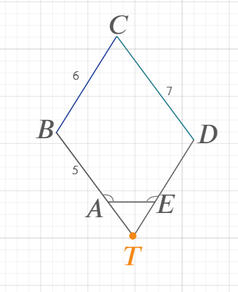 Продлить BA за точку A и DE за точку E до пересечения в точке T