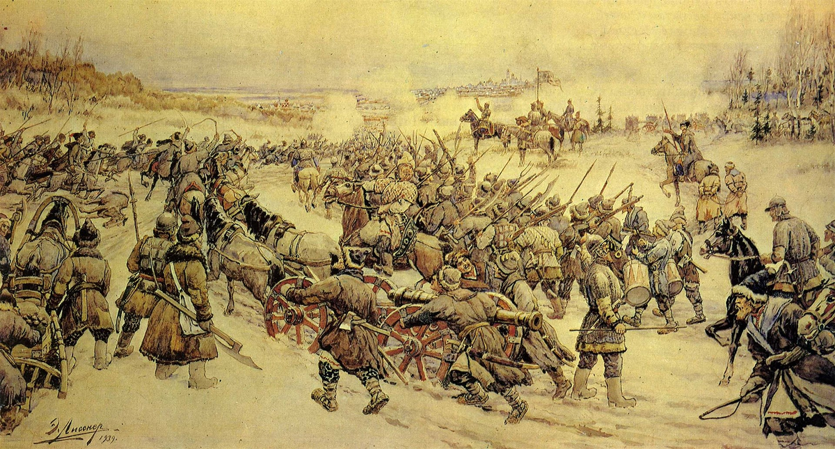 Эрнест Эрнестович Лисснер. Начало боя войска Ивана Болотникова с царскими войсками у деревни Нижние Котлы под Москвой