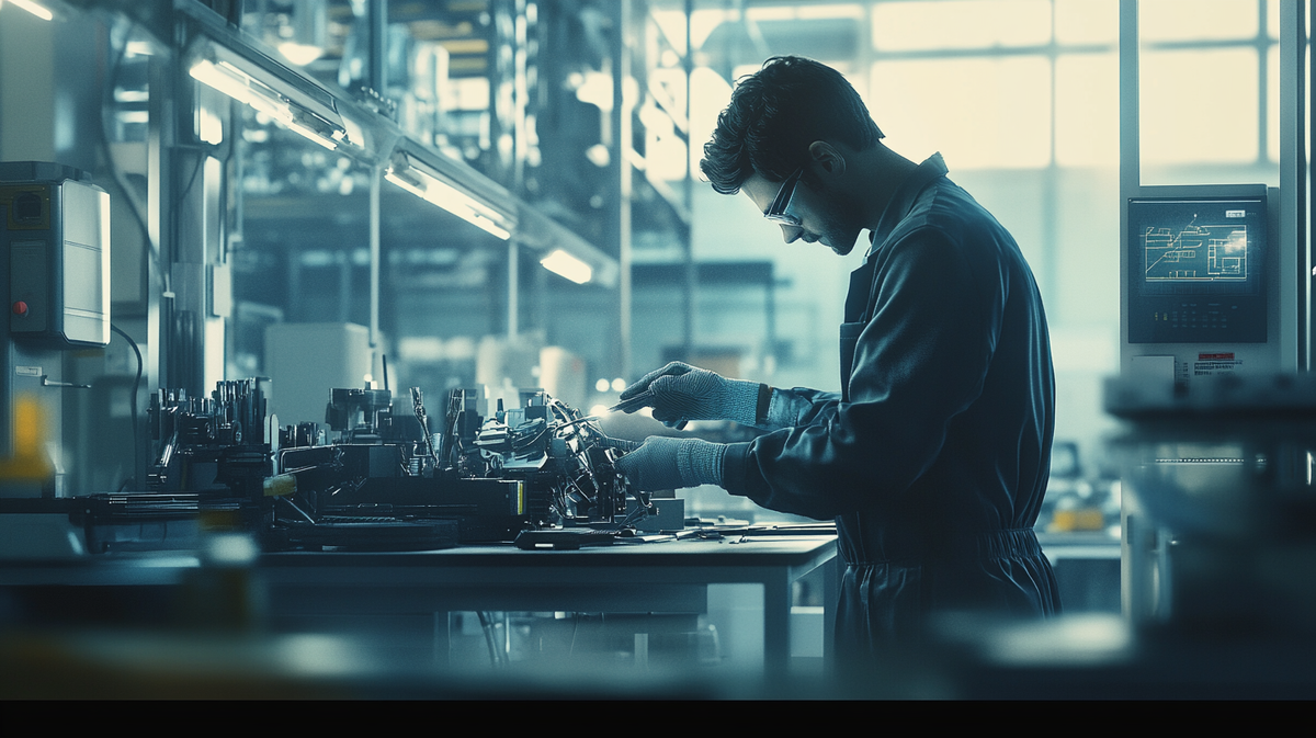 "Механик в современном цеху работает с высокотехнологичным оборудованием, проводя точную диагностику и настройку машин."