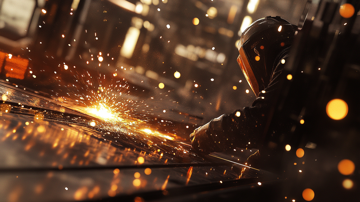 "Сварщик в процессе работы, яркие искры и индустриальный фон подчеркивают профессионализм и фокус."