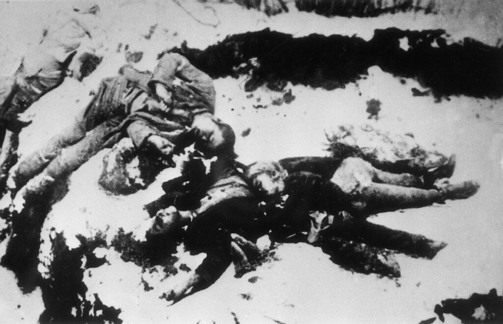 Вид на мертвые тела узников, сожженных в лагере смерти Малый Тростенец Минского района, 1944 г.