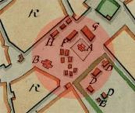 Выкопировка из плана города ориентировочно 1787 г. РГИА. Ф.1293. оп. 167. Тамбовская губерния. Д.20. Л.2.Территория площади отмечена красным цветом