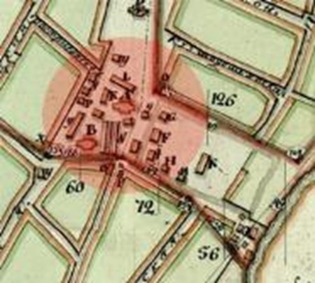 Выкопировка из плана. РГИА Ф.29. оп. 2.. Д.47. Территория площади отмечена красным цветом.