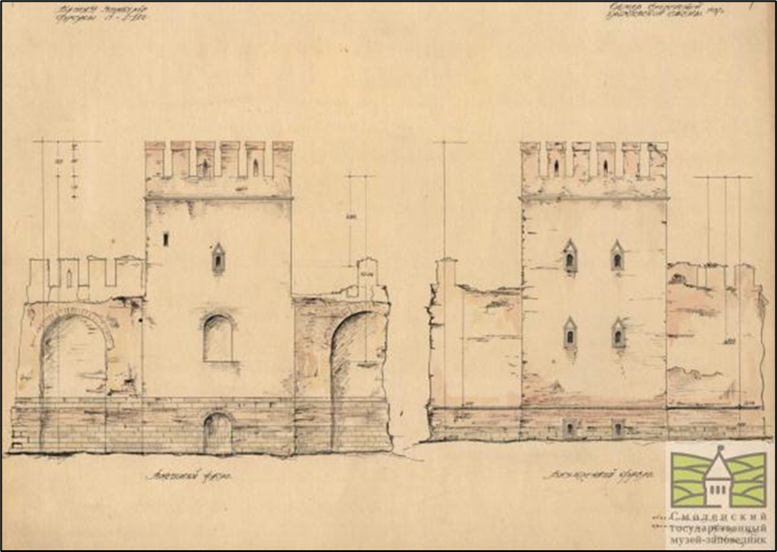 Рис. 2. Проект реставрации Смоленской крепостной стены. Башня Зимбулка. Фасад. Период создания: 1937 г.