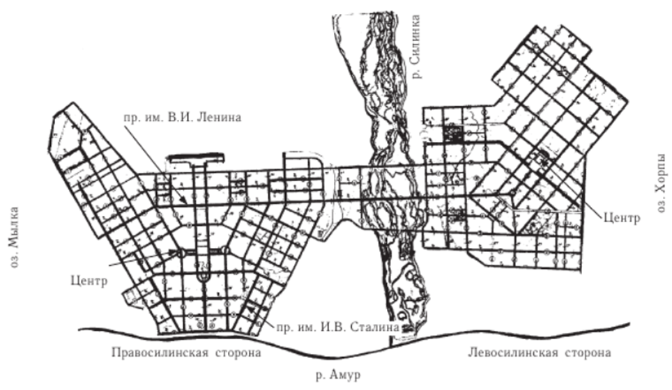 Рис. 1. Комсомольск-на-Амуре. Схема сетки улиц города (1939 г.). Ленгорпроект. Арх. Б.В. Данчич.
Источник: Савенкова В.Н. Архитектурная «идея» города Комсомольск-на-Амуре в 30-50‑е годы XX в. // Россия и АТР. 2004. №2 (44). С. 7.