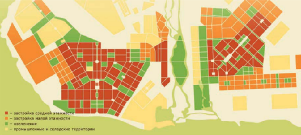 Рис. 2. Функциональное зонирование территории г. Комсомольска-на-Амуре в соответствии с Генпланом 1954 г. Арх. Б.Н. Баныкин.
Источник: Мылова Ю.А Эволюция планировочной структуры советского промышленного города (на примере г. Комсомольска-на-Амуре) // Академический вестник УралНИИпроект РААСН. 2016. №1. С. 19.