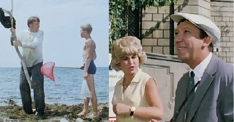 Коллаж кадров из советской комедии Гайдая «Бриллиантовая рука»