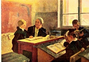 Открытка репродукционная "Дополнительные занятия в школе", СССР, 1950-е годы. Автор Пускин Дмитрий Иванович (1919-1998 гг.) Фото с сайта "Библиотека им. Н.А. Некрасова".