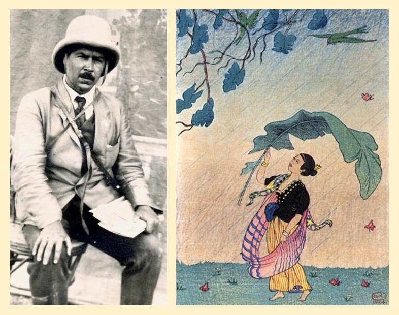 Николай Иванович Вавилов в ходе одной из своих южных экспедиций 1920-х годов и сделанный в 1924 году рисунок, на котором изображена модница-филиппинка, укрывшаяся от внезапно налетевшего ливня банановым листом. 