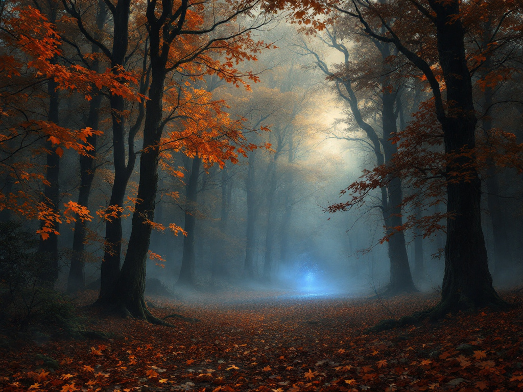 Осенний лес в тумане, где под ногами рассыпаны красные листья, а между деревьями светится что-то голубое.