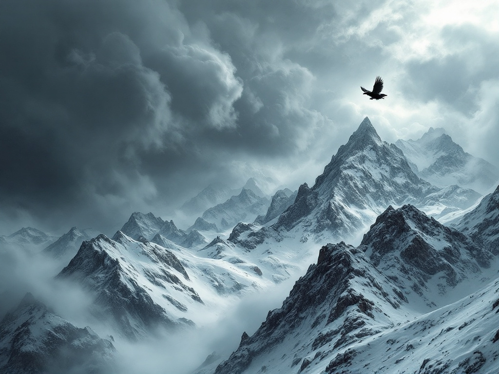 Снежные горы с темными грозовыми облаками, нависающими над ними. Одинокий ворон пролетает по небу.