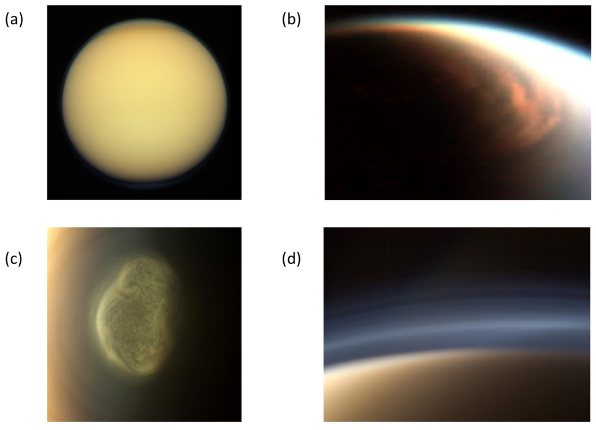 На рисунке 01 представлены четыре различных вида атмосферы Титана, заснятых космическим аппаратом Кассини: (a) общий вид спутника, окутанного характерной золотистой дымкой; (b) облако из этана над северным полюсом; (c) облако из цианистого водорода над южным полюсом, сфотографированное летом 2012 года; (d) и детальный снимок атмосферной дымки с видимым отделившимся слоем, сделанный осенью 2010 года. Все изображения получены различными научными инструментами миссии Кассини.