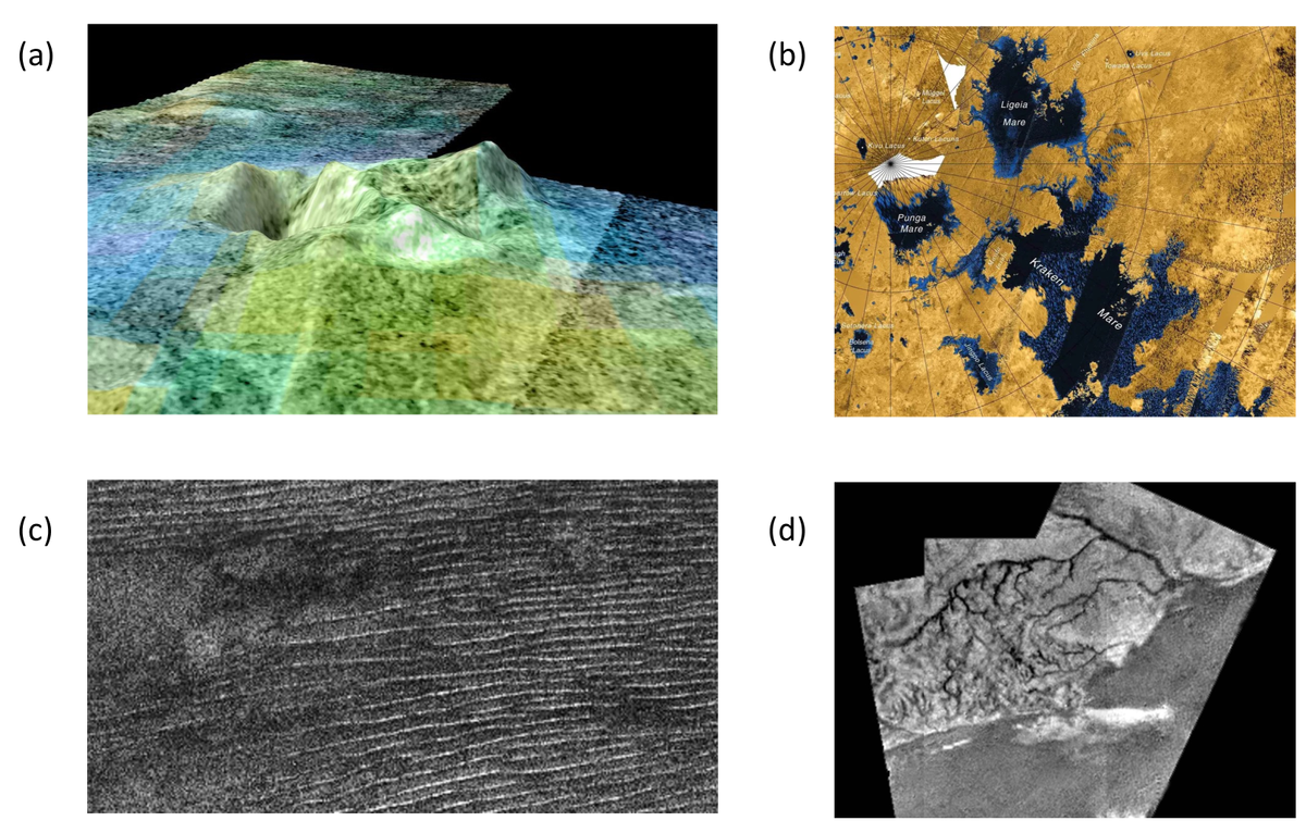 На изображении показаны: (а) гора Дум, реконструированная с помощью радара Кассини; (b) радиолокационная карта северных морей спутника в цветовом отображении; (c) дюнные образования в районе песчаного моря Белет; (d) и речные системы в экваториальной зоне, сфотографированные зондом Гюйгенс. Все эти снимки получены благодаря совместной работе NASA, ESA и других космических агентств.