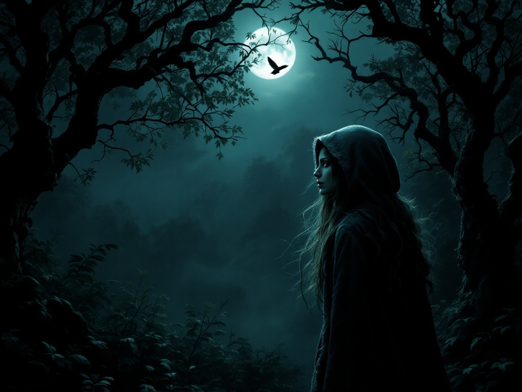 Девушка, стоящая на краю темного леса