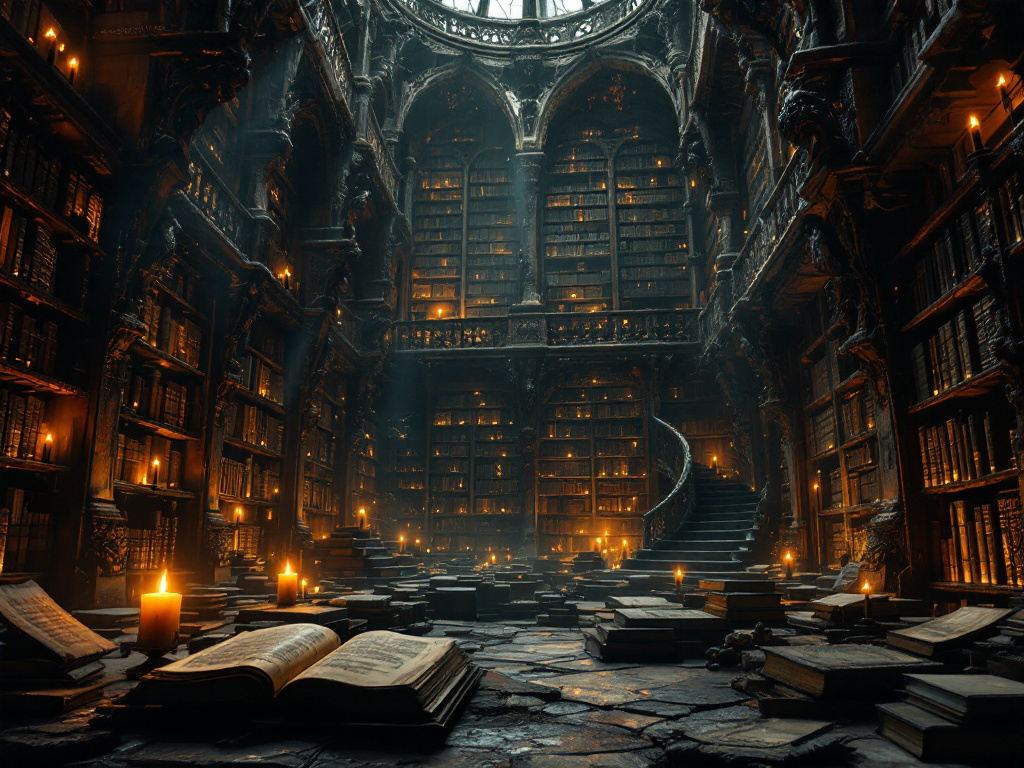 Старая готическая библиотека ночью, слабо освещенная свечами.