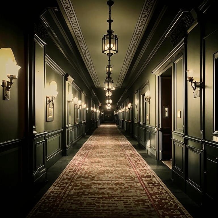 Загадочный коридор отеля Стэнли в ночном освещении