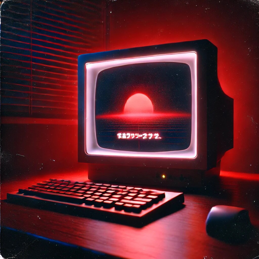 Винтажный компьютерный монитор с красным свечением на тёмном фоне
