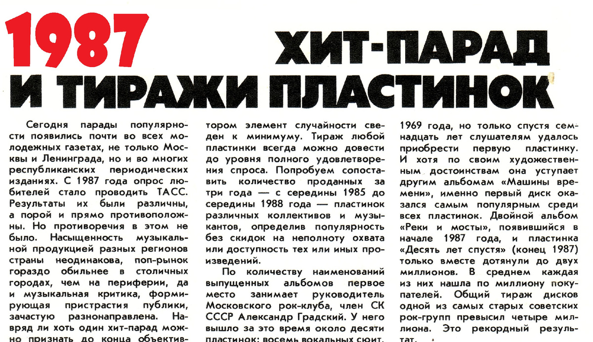 "Хит-парад и тиражи пластинок", статья в журнале "Мелодия" 1989 г.