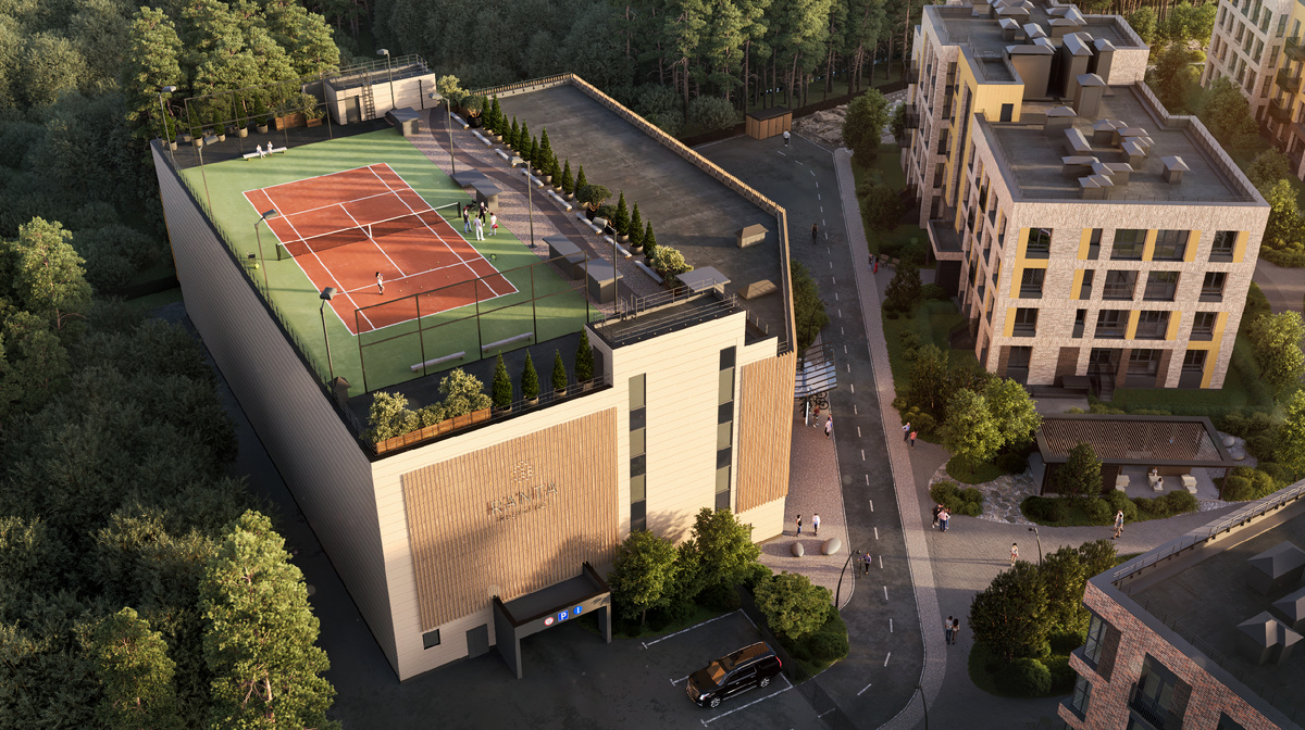 На фото: паркинг с видовым теннисным кортом на крыше.