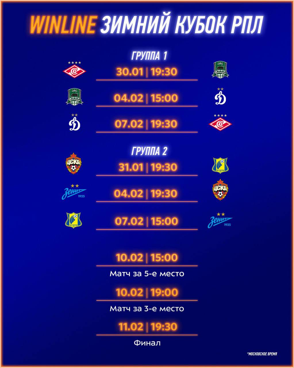 Расписание матчей Winline Зимний Кубок РПЛ. 