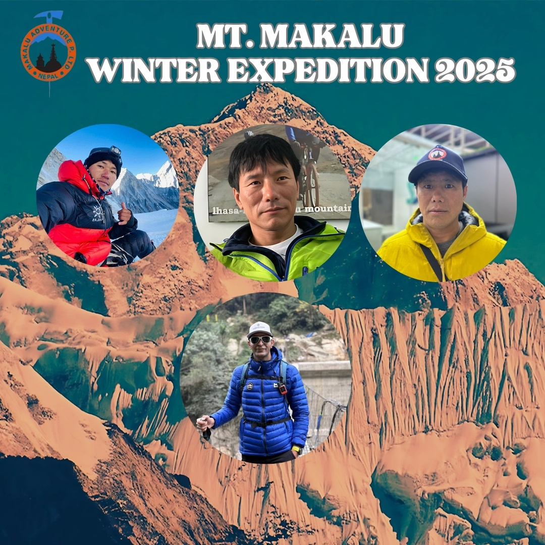 Слева направо: Пастемба Шерпа, Сану Шерпа, Пхурба Онгел Шерпа. Внизу: Аболфазл Гозали из Ирана. Фото: Makalu Adventure (P) Ltd.