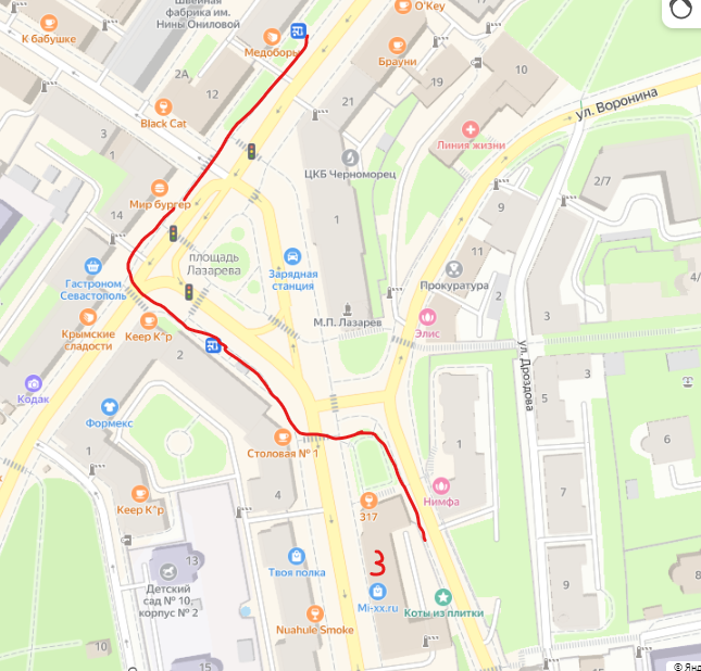 Остановка "Площадь Лазарева" находится выше на карте, рядом с "Медоборами".